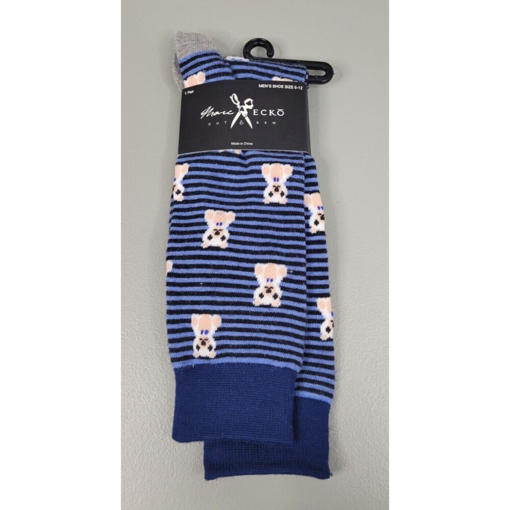 Marc Ecko Dress Socks Men's Shoe Size 6-12 Blue Striped Teddy Bear 1 Pair NWT
